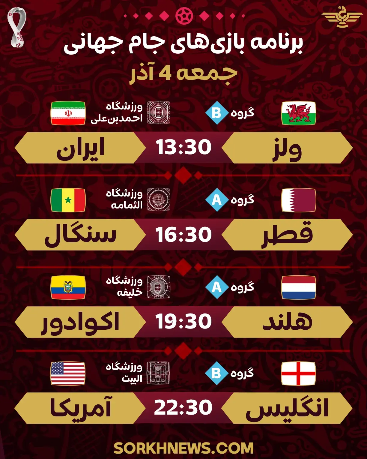 برنامه بازی های جام جهانی – جمعه 4 آذر 