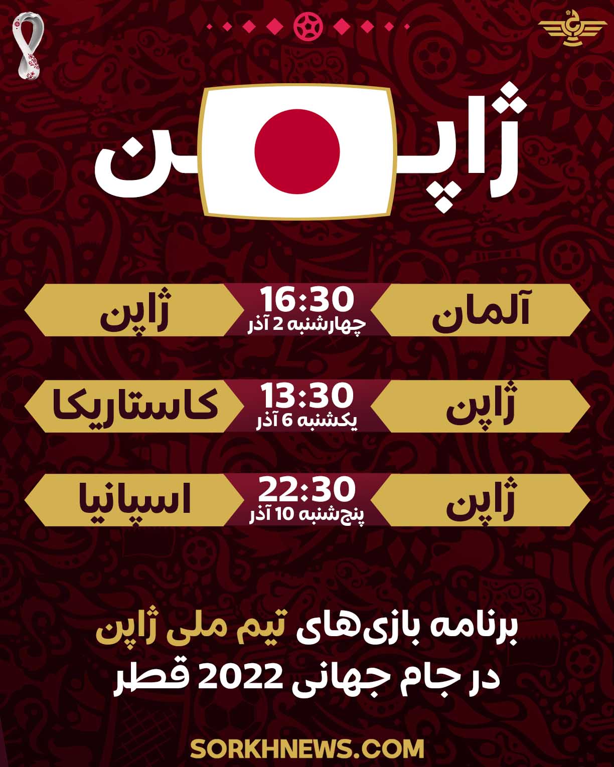 برنامه بازی‌های تیم ملی ژاپن در جام جهانی ۲۰۲۲
