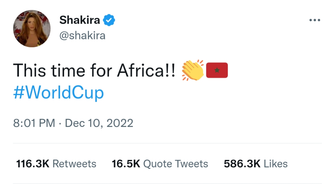 توئیت شکیرا برای تیم ملی مراکش