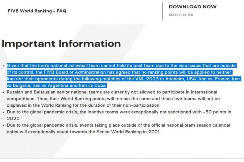 اطلاعیه FIVB درخصوص فریز شدن امتیازات ایران در رنکینگ جهانی